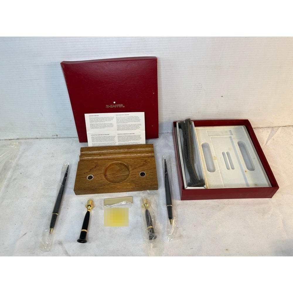 Vintage NIB Sheaffer Desk Set Wood Base (2) Ballpoint Pens engravable name plate
